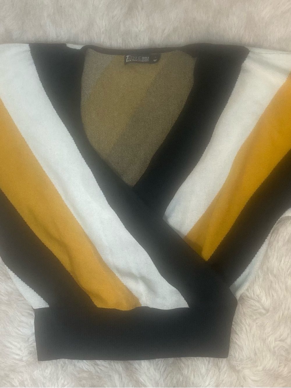 Striped V‑Neck Colorblock Sweater in Mustard, White & Black